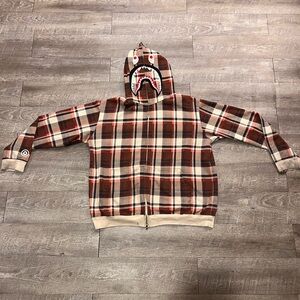 Bape Red and Brown Plaid Zip Up Sweater